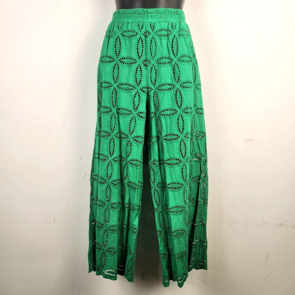 Otto d'Ame Green Eyelet Palazzo Pants Wide Leg Cutout Size 8